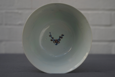A Chinese blue, white and red on celadon ground 'prunus' bowl, Kangxi